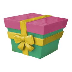 Fiberglass parcel/gift/present in pink, green, and gold.