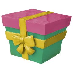 Fiberglass parcel/gift/present in pink, green, and gold.